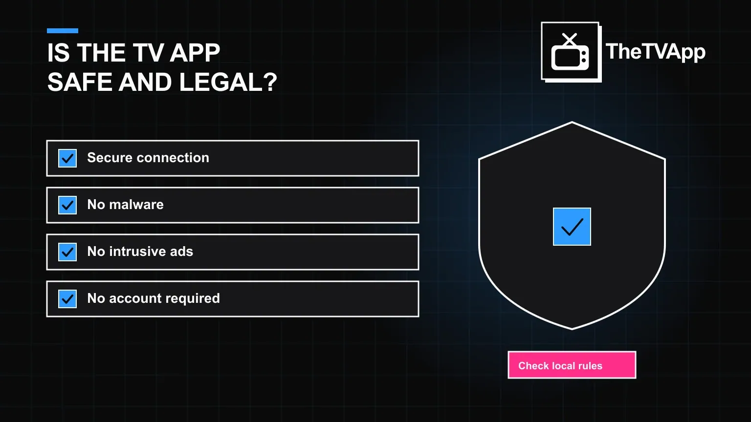 How TheTVApp streams stay safe to open TheTVApp safety checklist beside a shield: secure connection, no malware, no ads, no account