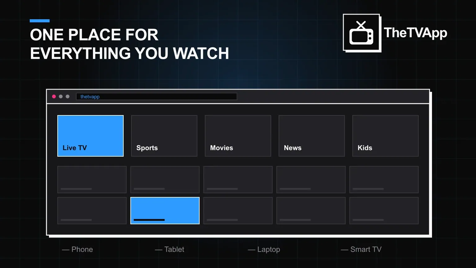 One TheTVApp library across phone, tablet, laptop and Smart TV TheTVApp browser dashboard showing Live TV, Sports, Movies, News and Kids categories